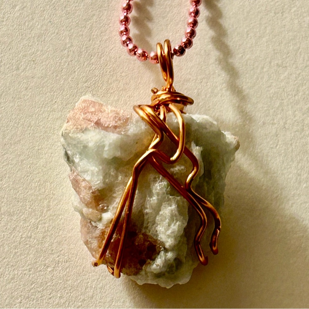 NWT Necklace Pink Tourmaline in matrix stone, wire-wrapped 23” pink ball chain